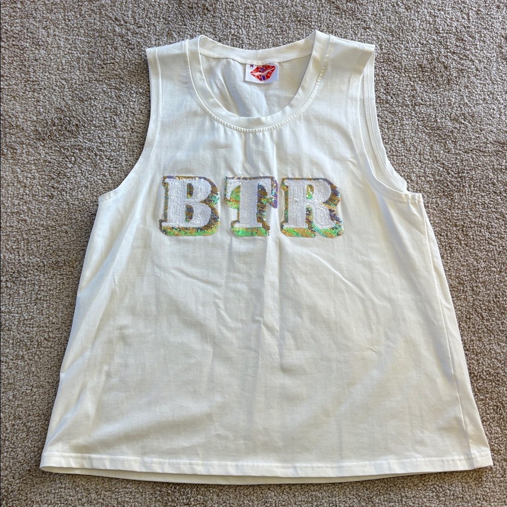 White Sleeveless Top with Sequin Letters